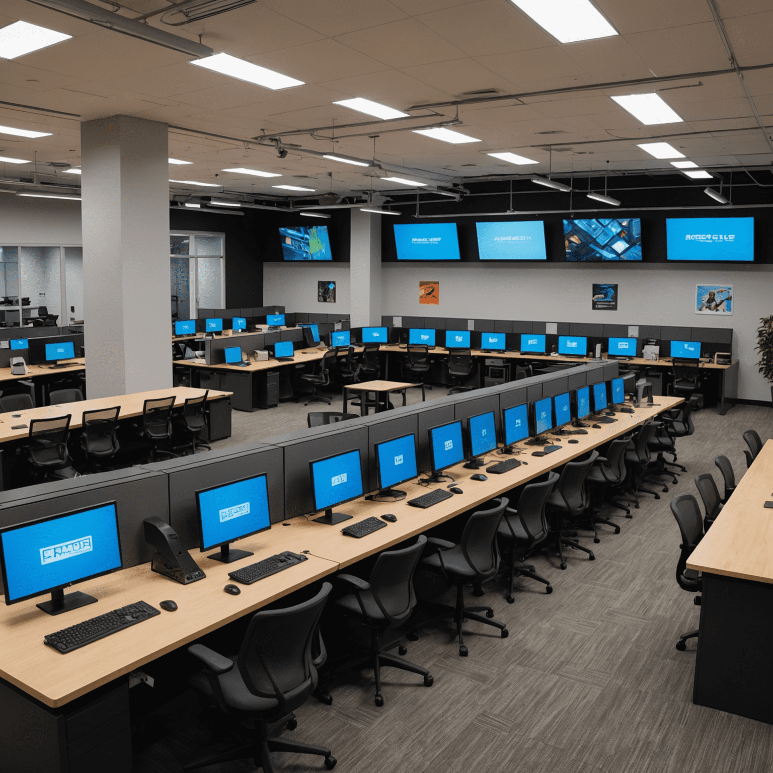 Panoramic view of ArcadeHero's Innovation Lab, showcasing rows of high-tech workstations, testing areas, and prototyping zones