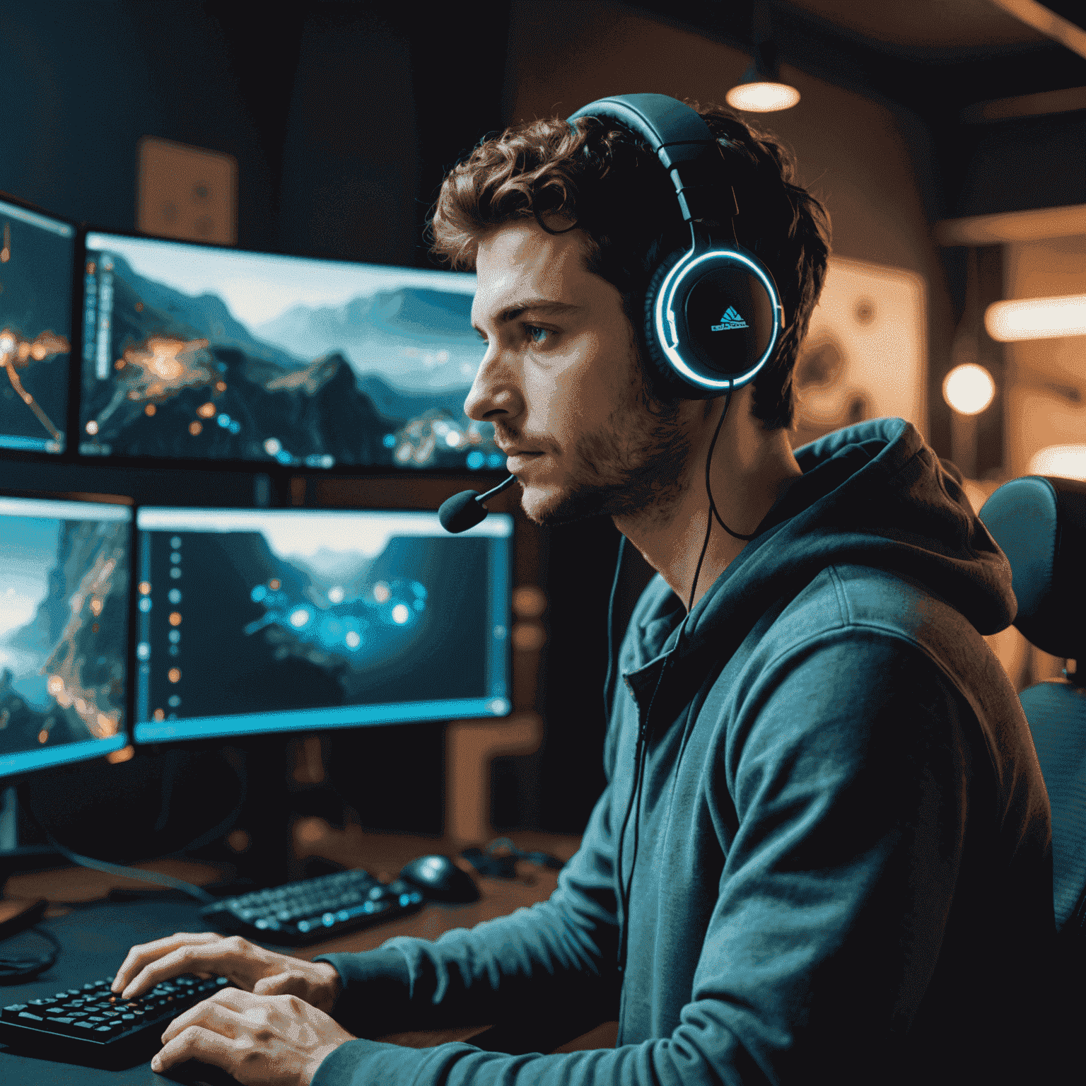 A gamer wearing a sleek headset with neural sensors, deeply immersed in a virtual world displayed on multiple monitors