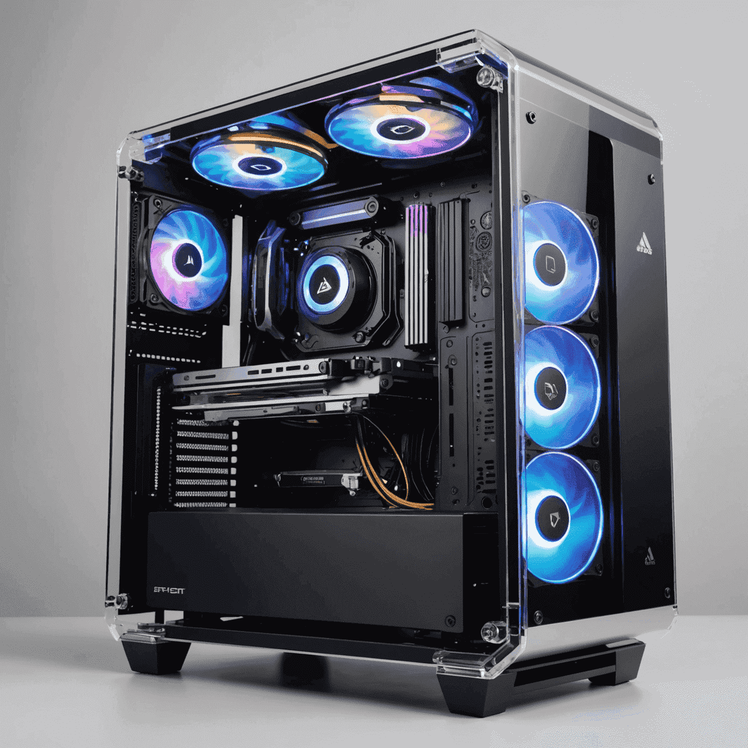 A modern gaming PC with a transparent case, showcasing high-end components and RGB lighting