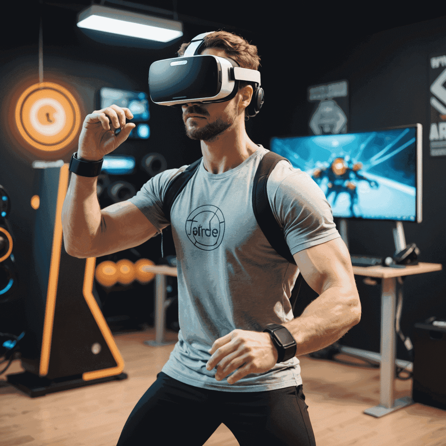 Mark using a VR headset connected to his ArcadeHero PC, engaged in a fitness game